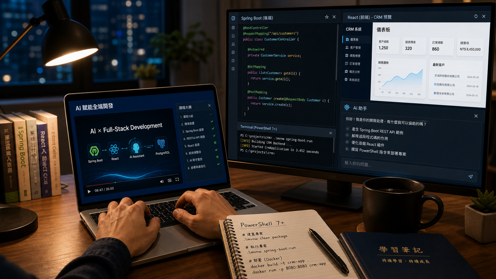 線上學習情境：桌面上同時顯示課程影片、Spring Boot 程式碼、React CRM 預覽與 PowerShell 指令筆記。